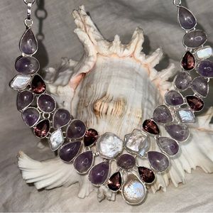 Striking Amethyst + Biwa Pearl multi-gem statement necklace